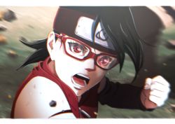 Rule 34 | 1girl, artist name, black hair, black sleeves, border, boruto: naruto next generations, clenched hand, detached sleeves, floating hair, glasses, headband, highres, leslychoco15, letterboxed, long sleeves, motion blur, naruto (series), open mouth, portrait, red-framed eyewear, red eyes, short hair, solo, uchiha sarada, white border