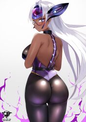 Rule 34 | 1girl, absurdres, android, ass, bare shoulders, blue eyes, breasts, cleavage, cyborg, dark-skinned female, dark skin, elbow gloves, forehead protector, glasses, gloves, highres, huge ass, kaos art, large breasts, long hair, looking at viewer, pantyhose, solo, t-elos, t-elos re:, very long hair, white hair, xenoblade chronicles (series), xenoblade chronicles 2, xenosaga, xenosaga episode iii