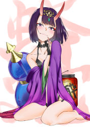 Rule 34 | 1girl, amashirofumi, bare shoulders, barefoot, blush, bob cut, breasts, bridal gauntlets, closed mouth, collarbone, eyeliner, fate/grand order, fate (series), gourd, headpiece, highres, horns, index finger raised, japanese clothes, kimono, lantern, long sleeves, looking at viewer, makeup, oni, open clothes, open kimono, purple eyes, purple hair, purple kimono, revealing clothes, short eyebrows, short hair, shuten douji (fate), sitting, skin-covered horns, small breasts, smile, solo, thighs, wariza, white background, wide sleeves