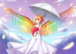 Rule 34 | 1girl, alternate wings, angel, angel wings, blonde hair, blue sky, blush, bouquet, bow, cloud, dress, feathered wings, feathers, flandre scarlet, floating, flower, hair ribbon, highres, kuta (shi cai), looking at viewer, rainbow order, ribbon, short hair, side ponytail, sky, sleeveless, sleeveless dress, smile, solo, star (sky), starry sky, touhou, umbrella, white dress, wings