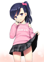 Rule 34 | 1girl, bare shoulders, black hair, black skirt, blush, bow, clothes lift, clothes writing, commentary request, english text, gradient background, hair bow, highres, jiji (aardvark), licking lips, lifting own clothes, long sleeves, looking at viewer, one side up, original, plaid, plaid skirt, pleated skirt, purple eyes, shirt, simple background, skirt, skirt hold, skirt lift, smile, solo, tongue, tongue out