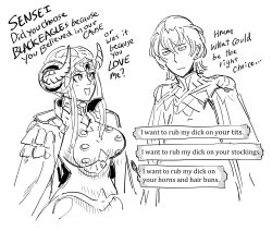 Rule 34 | 1boy, 1girl, :d, bad id, bb (baalbuddy), breasts, byleth (fire emblem), byleth (male) (fire emblem), commentary, curled horns, dialogue box, double bun, edelgard von hresvelg, english commentary, english text, epaulettes, fire emblem, fire emblem: three houses, greyscale, hair bun, highres, horns, inactive account, jacket, jacket on shoulders, jitome, large breasts, looking at another, monochrome, nintendo, open mouth, profanity, sidelocks, simple background, smile, truth, white background