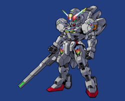 Rule 34 | absurdres, beam cannon, blue background, chibi, commentary, english commentary, full body, glowing, green eyes, gundam, gundam calibarn, gundam suisei no majo, highres, holding, holding cannon, holding weapon, mecha, mobile suit, no humans, rence, robot, sd gundam, solo, standing, thrusters, v-fin, weapon