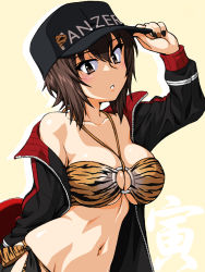 Rule 34 | 1girl, animal print, bikini, blush, breasts, brown eyes, brown hair, chinese zodiac, cleavage, collarbone, girls und panzer, hat, jacket, large breasts, looking at viewer, navel, nishizumi maho, oosaka kanagawa, open mouth, short hair, side-tie bikini bottom, simple background, solo, swimsuit, tiger print, track jacket, year of the tiger, yellow background