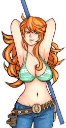 Rule 34 | 1girl, armpits, arms up, belt buckle, bikini, bikini top only, breasts, brown eyes, buckle, cleavage, cowboy shot, denim, female focus, highres, holster, jeans, large breasts, long hair, midriff, nami (one piece), naughty face, navel, one piece, orange hair, pants, polearm, simple background, smile, solo, staff, swimsuit, tabletorgy, tattoo, underboob, weapon