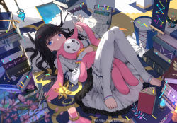 Rule 34 | 1girl, black hair, black skirt, bloomers, blue eyes, book, book stack, bookmark, closed mouth, commentary request, dice, frilled pillow, frilled skirt, frills, hair ornament, hairclip, knees together feet apart, knees up, liclac, long hair, long sleeves, looking at viewer, lying, no shoes, hugging object, on back, open book, original, pantyhose, pillow, shirt, skirt, sleeves past wrists, solo, stuffed animal, stuffed rabbit, stuffed toy, underwear, very long hair, white bloomers, white pantyhose, white shirt