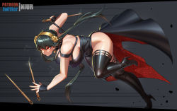 Rule 34 | 1girl, ass, bare shoulders, bent over, black dress, black gloves, black hair, boots, breasts, dagger, dashing, dress, earrings, flower, gloves, gold earrings, gold hairband, hair flower, hair ornament, hairband, high heel boots, high heels, holding, holding dagger, holding knife, holding weapon, jewelry, knife, large breasts, long hair, niur, red eyes, reverse grip, rose, sidelocks, solo, spy x family, thigh boots, thighhighs, toned, toned female, two-sided dress, two-sided fabric, weapon, yor briar