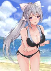 Rule 34 | 1girl, beach, bikini, black bikini, blue sky, blush, bow, breasts, cleavage, cloud, collarbone, crossed arms, day, embarrassed, front-tie bikini top, front-tie top, groin, hair bow, hair ornament, hairclip, highres, higuchi kaede, horizon, large breasts, layered bikini, leaning forward, lens flare, long hair, looking at viewer, mole, mole under eye, navel, nijisanji, ocean, open mouth, outdoors, ponytail, purple eyes, racchi., sand, side-tie bikini bottom, silver hair, sky, solo, sparkle, sunlight, swimsuit, very long hair, virtual youtuber, water, wavy mouth