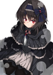 Rule 34 | 1girl, 9-nine-, absurdres, arms at sides, black capelet, black hair, black pantyhose, black shirt, black skirt, blue bow, blue hairband, blush, bow, capelet, closed mouth, commentary, frilled capelet, frilled hairband, frills, from above, frown, full body, gothic lolita, hair between eyes, hair bow, hair intakes, hair ornament, hairband, hairclip, highres, knees out of frame, lolita fashion, long sleeves, looking at viewer, medium hair, nodoameyatou, pantyhose, pleated skirt, red eyes, shirt, sidelocks, simple background, skirt, solo, split mouth, two-tone skirt, white background, white shirt, white skirt, yuuki noa