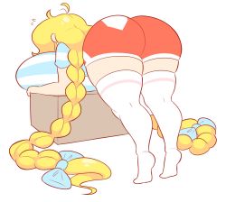 Rule 34 | 1girl, ass, bent over, blonde hair, bow, braid, breast press, breasts, cassie (theycallhimcake), curvy, from behind, gigantic breasts, gym shorts, highres, huge ass, long hair, original, shorts, simple background, solo, theycallhimcake, thick thighs, thighs, twin braids, very long hair, white background, wide hips