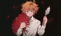 Rule 34 | 1girl, artist name, black background, closed mouth, collared shirt, emma (yakusoku no neverland), flower, green eyes, highres, holding, holding flower, holding quill, long sleeves, looking at viewer, neck tattoo, neekosiah, number tattoo, orange hair, petals, quill, red flower, shirt, short hair, simple background, solo, tattoo, upper body, white footwear, white shirt, yakusoku no neverland