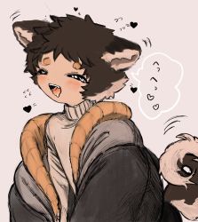 Rule 34 | 1boy, animal ears, black eyes, black jacket, brown hair, dog boy, dog ears, dog tail, ears down, fangs, happy, heart, highres, jacket, jacket on shoulders, jacket partially removed, light brown hair, long sleeves, multicolored hair, original, saliva, shima (wansyon144), short eyebrows, short hair, solo, speech bubble, sweater, tail, tail wagging, thick eyebrows, tongue, turtleneck, turtleneck sweater, two-tone hair, upper body, white background