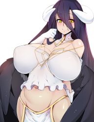 Rule 34 | 1girl, absurdres, albedo (overlord), alternate breast size, arm behind back, bad id, bad tumblr id, bare shoulders, belly, black feathers, blush, breasts, curvy, demon girl, elbow gloves, feathers, gloves, groin, hair between eyes, hair over one eye, highres, hip focus, horns, huge breasts, long hair, looking at viewer, low wings, navel, overlord (maruyama), raised eyebrows, shiny skin, simple background, slugbox, smile, solo, sweat, very long hair, white background, white gloves, wide hips, wings, yellow eyes