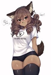 Rule 34 | 1girl, :3, animal ear fluff, animal ears, animal nose, arms behind back, breasts, brown hair, buruma, closed mouth, cowboy shot, drill hair, english text, highres, long hair, looking at viewer, medium breasts, no pupils, original, puppyypawss, shirt, short sleeves, simple background, solo, speech bubble, t-shirt, tail, talking, thick thighs, thighhighs, thighs, tsurime, twin drills, white background, white shirt