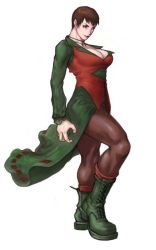 Rule 34 | 1girl, boots, breasts, brown pantyhose, cleavage, collared dress, dress, full body, green footwear, muscular, pantyhose, simple background, snk, solo, standing, the king of fighters, vice (kof), white background