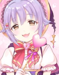 Rule 34 | 1girl, :3, absurdres, artist name, blush, bow, brown eyes, hair ornament, hairclip, heart, heart hair ornament, highres, idolmaster, idolmaster cinderella girls, koshimizu sachiko, looking at viewer, open mouth, puffy short sleeves, puffy sleeves, purple hair, red bow, short hair, short sleeves, signature, sketch, smile, solo, yui (spica)