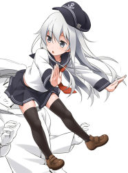 Rule 34 | 10s, 1boy, 1girl, admiral (kancolle), black thighhighs, blue eyes, blush, brown footwear, hat, hibiki (kancolle), hip attack, kantai collection, loafers, long hair, long sleeves, open mouth, outstretched arms, partially colored, pleated skirt, sailor collar, school uniform, serafuku, shoes, silver hair, simple background, skirt, thighhighs, white background, youkan, zettai ryouiki