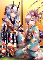 Rule 34 | 2girls, absurdres, blue eyes, blue kimono, blush, bow, commentary request, fate/grand order, fate (series), floral print, flower, hagoita, hair bow, hair flower, hair ornament, hane yuki, highres, horns, huge filesize, japanese clothes, kimono, light smile, long hair, looking at viewer, miyamoto musashi (fate), multiple girls, new year, obi, oni horns, paddle, pink eyes, pink hair, ponytail, print kimono, red bow, sash, seiza, silver hair, sitting, sliding doors, striped clothes, striped kimono, tatami, tomoe gozen (fate), very long hair