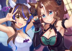 Rule 34 | 2girls, ;d, angel wings, arm up, bat (animal), black gloves, black horns, black shirt, blue choker, blue eyes, blue hair, blurry, blurry background, bracelet, breasts, brown eyes, brown hair, choker, claw pose, cleavage, cleavage cutout, clothing cutout, commentary, commentary request, daitaku helios (sunshine angel) (umamusume), daitaku helios (umamusume), demon horns, depth of field, dress, ear covers, ear ornament, english commentary, eye glitter, fake wings, fang, fingerless gloves, gloves, grin, halloween, halloween costume, halterneck, highres, horns, horse girl, inomata konomu, jewelry, large breasts, medium hair, mejiro palmer (devil in the moonlight) (umamusume), mejiro palmer (umamusume), multicolored hair, multiple girls, nail polish, necklace, official alternate costume, one eye closed, open mouth, partial commentary, selfie, sharp teeth, shirt, sleeveless, sleeveless dress, smile, sparkle, streaked hair, teeth, two-tone hair, umamusume, w, white dress, white hair, wings