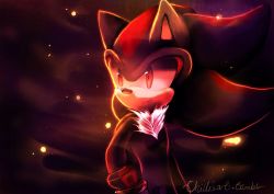 Rule 34 | 1boy, animal ears, artist name, black background, black hair, cowboy shot, furry, furry male, gloves, male focus, monochrome, multicolored hair, red eyes, red hair, shadow the hedgehog, simple background, solo, sonic (series), spacecolonie, standing, tumblr username, two-tone hair
