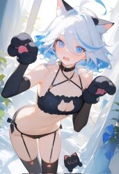 Rule 34 | 1girl, ahoge, animal ears, black bra, black panties, black sleeves, black socks, blue eyes, blue hair, blush, bra, cat, cat bra, cat ears, cat gloves, cat lingerie, cat tights, collar, embarrassed, furina (genshin impact), genshin impact, hands up, highres, lingerie, long hair, long sleeves, meme attire, multicolored hair, open mouth, panties, plant, socks, solo, spiral-, spiral-shaped pupils, suspenders tights, tongue, two-tone hair, underwear, white hair, window