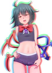Rule 34 | 1girl, adapted costume, anaglyph, asymmetrical wings, black hair, bow, crop top, highres, houjuu nue, midriff, navel, open mouth, red eyes, shirt, shorts, simple background, sleeveless, sleeveless shirt, smile, solo, touhou, wings, yocchi (tenyunkel)