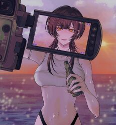 Rule 34 | 1girl, alcohol, battery indicator, beer, beer bottle, bikini, bottle, breasts, camera, commentary, highres, holding, holding bottle, long hair, looking at viewer, medium breasts, navel piercing, nijisanji, open mouth, orange eyes, piercing, recording, shirayuki tomoe, swimsuit, symbol-only commentary, taking picture, tank top, thong bikini, timestamp, underwear, viewfinder, virtual youtuber, wet, zero zhengyi