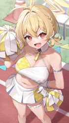 Rule 34 | 1girl, absurdres, blonde hair, blue archive, blush, braid, breasts, cheerleader, cleavage, collarbone, commentary, detached collar, feet out of frame, hair between eyes, halo, halterneck, highres, holding, holding pom poms, kotori (blue archive), kotori (cheer squad) (blue archive), large breasts, long hair, looking at viewer, millennium cheerleader outfit (blue archive), official alternate costume, open mouth, pleated skirt, pom pom (cheerleading), pom poms, red eyes, salty gana, short twintails, skirt, smile, solo, symbol-only commentary, thigh strap, twintails, white skirt, yellow halo