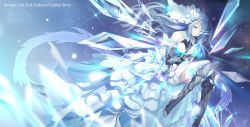 Rule 34 | 1girl, armored boots, bare shoulders, black dress, black footwear, blue eyes, blurry, blurry foreground, boots, closed mouth, commentary request, crystal, depth of field, dress, floating hair, grey hair, ice, ice wings, kagachi saku, knee boots, long hair, original, sleeveless, sleeveless dress, solo, very long hair, wings