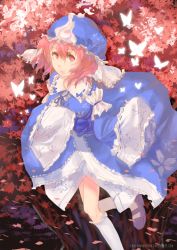 Rule 34 | 1girl, artist name, bug, butterfly, cherry blossoms, hair between eyes, hat, highres, insect, kneehighs, leg up, mary janes, parted lips, petals, pink eyes, pink hair, saigyouji yuyuko, shinigami wyvern, shinigamiwyvern, shoes, short hair, sleeves past wrists, socks, solo, touhou, triangular headpiece, watermark, web address, white socks, wide sleeves