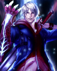 Rule 34 | 1boy, blue eyes, capcom, devil may cry (series), energy, glowing, highres, kirakanjo art, male focus, nero (devil may cry), smile, solo, sword, weapon, white hair