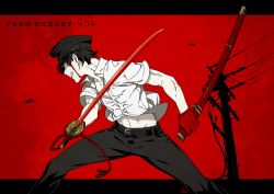 Rule 34 | 1boy, artist name, belt, belt buckle, black hair, black hat, black pants, blood, blood on face, buckle, clenched teeth, fighting stance, gloves, hat, highres, holding, holding sword, holding weapon, kamezaemon, katana, letterboxed, looking away, male focus, original, pants, parted lips, partially unbuttoned, peaked cap, red background, red gloves, red sky, room number 404, shirt, short sleeves, simple background, sky, solo, standing, sword, takamura kyousuke, teeth, unsheathed, utility pole, weapon, white shirt