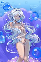 Rule 34 | 1girl, absurdres, aimokok, blue eyes, blue hair, blue nails, breasts, clam shell, cleavage, closed mouth, commentary, covering breasts, covering crotch, covering privates, cowlick, drop-shaped pupils, english commentary, furina (genshin impact), genshin impact, hair between eyes, highres, light blue hair, long hair, multicolored hair, nude, one eye closed, simple background, small breasts, streaked hair, symbol-shaped pupils, underwater, white hair