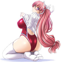 Rule 34 | 1girl, ass, blush, breasts, clothes lift, competition swimsuit, from behind, glasses, head tilt, kneeling, large breasts, log-mi (tonpuu), long hair, one-piece swimsuit, original, pink hair, ponytail, purple eyes, red one-piece swimsuit, ribbed sweater, solo, sweater, sweater lift, swimsuit, thighhighs, tonpuu, white sweater, white thighhighs
