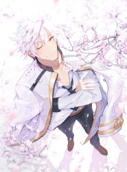 Rule 34 | 1boy, bad id, bad pixiv id, brown eyes, cherry blossoms, crossed arms, from above, jacket, jacket on shoulders, looking at viewer, male focus, mingou91, necktie, one eye closed, original, petals, smile, solo, standing, white hair