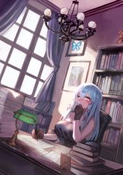 Rule 34 | 1girl, bare shoulders, black dress, blue hair, book, book stack, bookshelf, breasts, brown gloves, chandelier, cleavage, cup, curtains, desk, dress, gloves, gomashiwo o, hair between eyes, hair ornament, highres, holding, holding cup, indoors, lampshade, large breasts, long hair, original, paper, paper stack, pen, picture frame, pink eyes, portrait (object), sitting, strapless, strapless dress, stuffed animal, stuffed toy, teddy bear, window, writing, x hair ornament