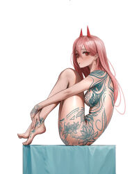 Rule 34 | 1girl, absurdres, barefoot, blush, breasts, chainsaw man, cross-shaped pupils, demon horns, feet, from side, full-body tattoo, full body, hair between eyes, highres, horns, hugging own legs, knees up, legs, long hair, looking at viewer, mawaw, medium breasts, nude, open mouth, pink hair, power (chainsaw man), red eyes, red horns, shadow, shiny skin, simple background, sitting, solo, symbol-shaped pupils, tattoo, thighs, toenails, toes, white background