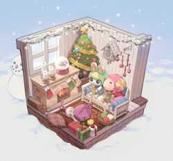 Rule 34 | 1boy, 2girls, animal crossing, animal ears, basket, bell, black eyes, blue jacket, blush, blush stickers, bob (animal crossing), box, candle, candlestand, candy, candy cane, cat boy, cat ears, cat tail, christmas, christmas lights, christmas ornaments, christmas stocking, christmas tree, clock, closed mouth, commentary, couch, cuckoo clock, curled horns, fire, fireplace, firewood, food, full body, furry, furry female, furry male, gift, gift box, highres, horns, indoors, isometric, jacket, knitting, knitting needle, long sleeves, lying, multiple girls, needle, nintendo, on couch, on stomach, pillow, rabbit ears, rabbit girl, red sweater, rug, saino misaki, sasha (animal crossing), scenery, sheep girl, sheep horns, sitting, smile, snow, snow globe, snowing, snowman, star (symbol), stella (animal crossing), sweater, symbol-only commentary, tail, white sweater, window, wooden floor, yarn, yarn ball
