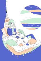 Rule 34 | 1girl, abstract background, blue eyes, book, cellphone, cup, fish, flat color, green hair, hammock, highres, holding, holding cup, limited palette, long hair, long sleeves, no mouth, no nose, original, phone, pillow, scarf, solo, swept bangs, twitter username, yonoko k