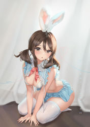 Rule 34 | 1girl, :o, animal ears, arm support, bare arms, bare shoulders, between legs, blue shirt, blue skirt, bra, breasts, brown eyes, brown hair, commentary request, curtains, fake animal ears, frilled shirt collar, frills, full body, hair between eyes, head tilt, heart, highres, instagram username, kneeling, looking at viewer, low twintails, medium breasts, medium hair, miniskirt, no shoes, rabbit ears, real life, red neckwear, seozo, shiny skin, shirt, sidelocks, skirt, sleeveless, solo, thighhighs, twintails, twitter username, underwear, v arms, white bra, white theme, white thighhighs
