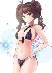 Rule 34 | 1girl, bare arms, bare shoulders, between breasts, bikini, black necktie, breasts, brown eyes, brown hair, checkered bikini, checkered clothes, commentary request, cowboy shot, hair ribbon, hand on own hip, highres, himekaidou hatate, large breasts, long hair, looking at viewer, navel, necktie, necktie between breasts, no headwear, purple bikini, purple ribbon, ribbon, solo, standing, stomach, swimsuit, thighs, touhou, white background, y2