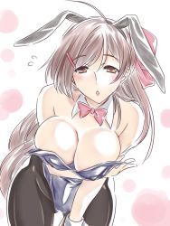 Rule 34 | 1girl, animal ears, black pantyhose, bow, bowtie, breasts, brown eyes, brown hair, cleavage, commentary request, cowboy shot, detached collar, fake animal ears, flying sweatdrops, gluteal fold, hair ornament, hairclip, hakkai, highres, kantai collection, large breasts, leaning forward, leotard, looking at viewer, mamiya (kancolle), pantyhose, parted lips, playboy bunny, purple leotard, rabbit ears, rabbit tail, red neckwear, strapless, strapless leotard, tail, thigh gap, wrist cuffs