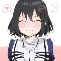 Rule 34 | !, 1girl, black hair, blush, closed eyes, closed mouth, dated, gloves, haguro (kancolle), haguro kai ni (kancolle), hair ornament, hand on own hip, heart, interlocked fingers, kantai collection, nose blush, rokugou (tokiwa rokugou), short hair, signature, simple background, solo, spoken exclamation mark, spoken heart, sweat, tears, two-tone background, upper body, wavy mouth, white gloves