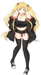 Rule 34 | 1girl, azur lane, bare shoulders, black coat, black footwear, black ribbon, black shirt, black shorts, black thighhighs, blonde hair, breasts, cleavage, coat, collarbone, cutoffs, dog tags, enchuu kakiemon, green eyes, grin, hair ribbon, highres, hornet (azur lane), large breasts, long hair, micro shorts, midriff, off shoulder, open clothes, open coat, ribbon, shirt, shoes, shorts, simple background, smile, sneakers, solo, thighhighs, twintails, very long hair, white background