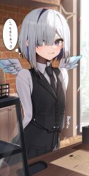 Rule 34 | 1girl, amane kanata, angel wings, black necktie, black vest, blue hair, collared shirt, colored inner hair, grey hair, hair over one eye, halo, highres, hololive, indoors, looking at viewer, multicolored hair, necktie, shirt, solo, standing, thomas 8000, thought bubble, translation request, vest, virtual youtuber, wings