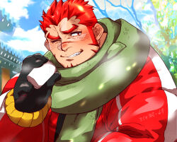 Rule 34 | 1boy, akashi (live a hero), alternate costume, bara, blush, breath, cup, disposable cup, facial hair, goatee, green scarf, highres, jacket, kizami nori to yamaimo, live a hero, long sideburns, looking to the side, male focus, muscular, muscular male, one eye closed, open clothes, open jacket, red eyes, red hair, scar, scar on face, scar on nose, scarf, short hair, sideburns, solo, thick eyebrows, upper body, winter