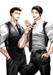 Rule 34 | 2boys, absurdres, alternate costume, artist request, black hair, cigarette, cowboy shot, eye contact, facial hair, fushiguro touji, highres, holding, holding cigarette, jujutsu kaisen, looking at another, mature male, multiple boys, muscular, muscular male, mustache stubble, necktie, pectorals, scar, scar on face, scar on mouth, seductive smile, shiu kong, short hair, smile, spiked hair, stubble, tongue, tongue out, vest, yaoi