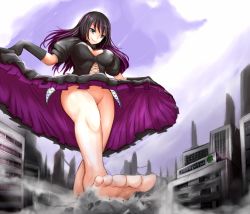 Rule 34 | 1girl, aqua eyes, barefoot, black dress, black hair, breasts, cleavage, clothes lift, dress, dress lift, elbow gloves, feet, from below, giant, giantess, gloves, large breasts, long hair, no panties, nonoririn, original, smile, solo, toes