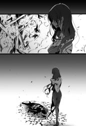 1boy 1girl back bad_id bad_pixiv_id black_hair breasts bridal_gauntlets cocktail_dress crossed_arms death dress elsa_granhilte fire hair_ribbon high_heels highres inawa_akito injury jacket large_breasts long_hair monochrome natsuki_subaru pantyhose re:zero_kara_hajimeru_isekai_seikatsu ribbon short_hair torn_clothes track_jacket track_suit