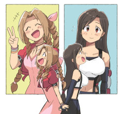 Rule 34 | 2girls, :d, ^^^, ^ ^, aerith gainsborough, arm guards, back-to-back, black bra, black hair, black skirt, black thighhighs, blue background, blush, blush stickers, bra, bracelet, braid, braided ponytail, breasts, closed eyes, commentary, cowboy shot, cropped jacket, dress, earrings, elbow gloves, final fantasy, final fantasy vii, final fantasy vii remake, fingerless gloves, from side, gloves, green background, green eyes, hair ribbon, holding, holding hands, holding staff, jacket, jewelry, laughing, light brown hair, long hair, looking at viewer, low-tied long hair, medium breasts, midriff, miniskirt, multiple girls, multiple views, navel, open mouth, parted bangs, pink dress, pleated skirt, profile, red eyes, red jacket, ribbon, short sleeves, side braids, simple background, skirt, small breasts, smile, sports bra, staff, straight hair, strap, suspender skirt, suspenders, sweatdrop, tank top, thighhighs, tifa lockhart, tri braids, tsubobot, underwear, v, white background, white tank top